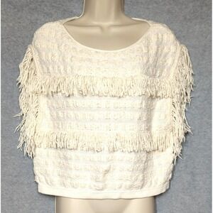 BCBG Sleeveless Cropped Sweater Top S White Fringe Oversized Festival Hipster